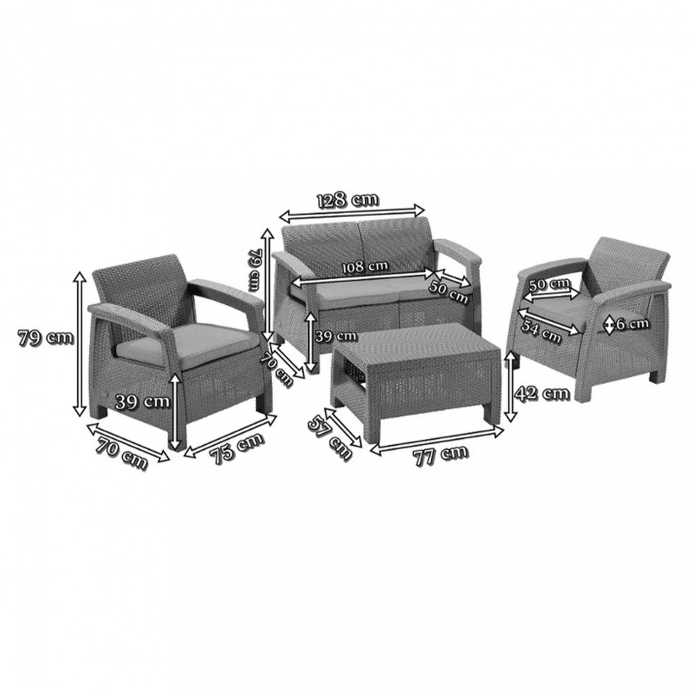 Set de mobilier de grădină Corfu, culoare grafit, cu perne gri deschis