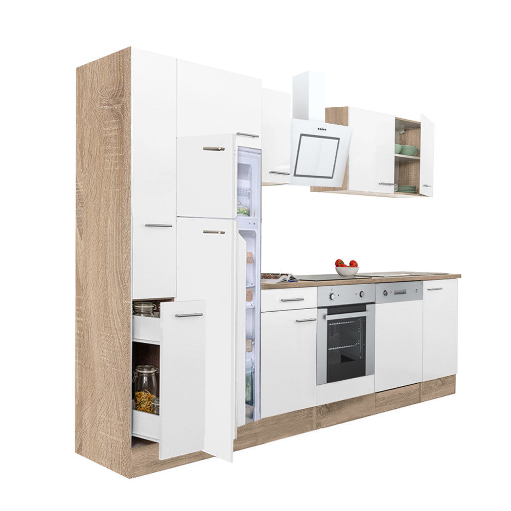 Mobilă de bucătărie Yorki 310, corp din stejar sonoma, față alb satinat, element cuptor inferior, frigider congelator superior