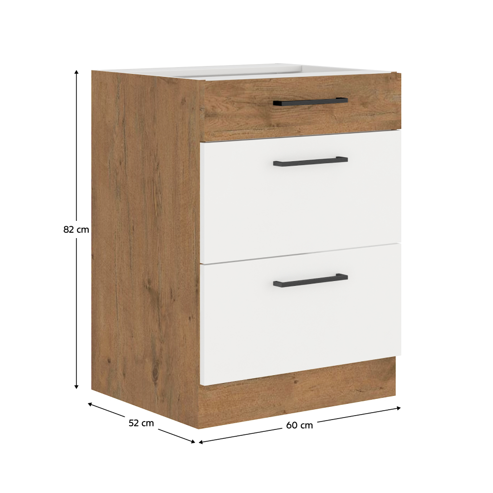 Cabinet inferior, alb extra lucios HG/stejar Lancelot, VEGA D60 3S BB