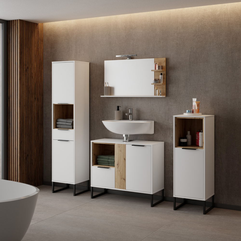 Oglindă cu iluminare LED, alb/stejar artisan, CUBO CUB04
