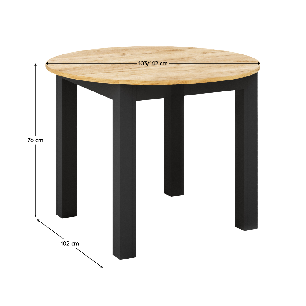 Masă de sufragerie extensibilă, stejar craft auriu/negru, 103-142x76 cm, HARRY