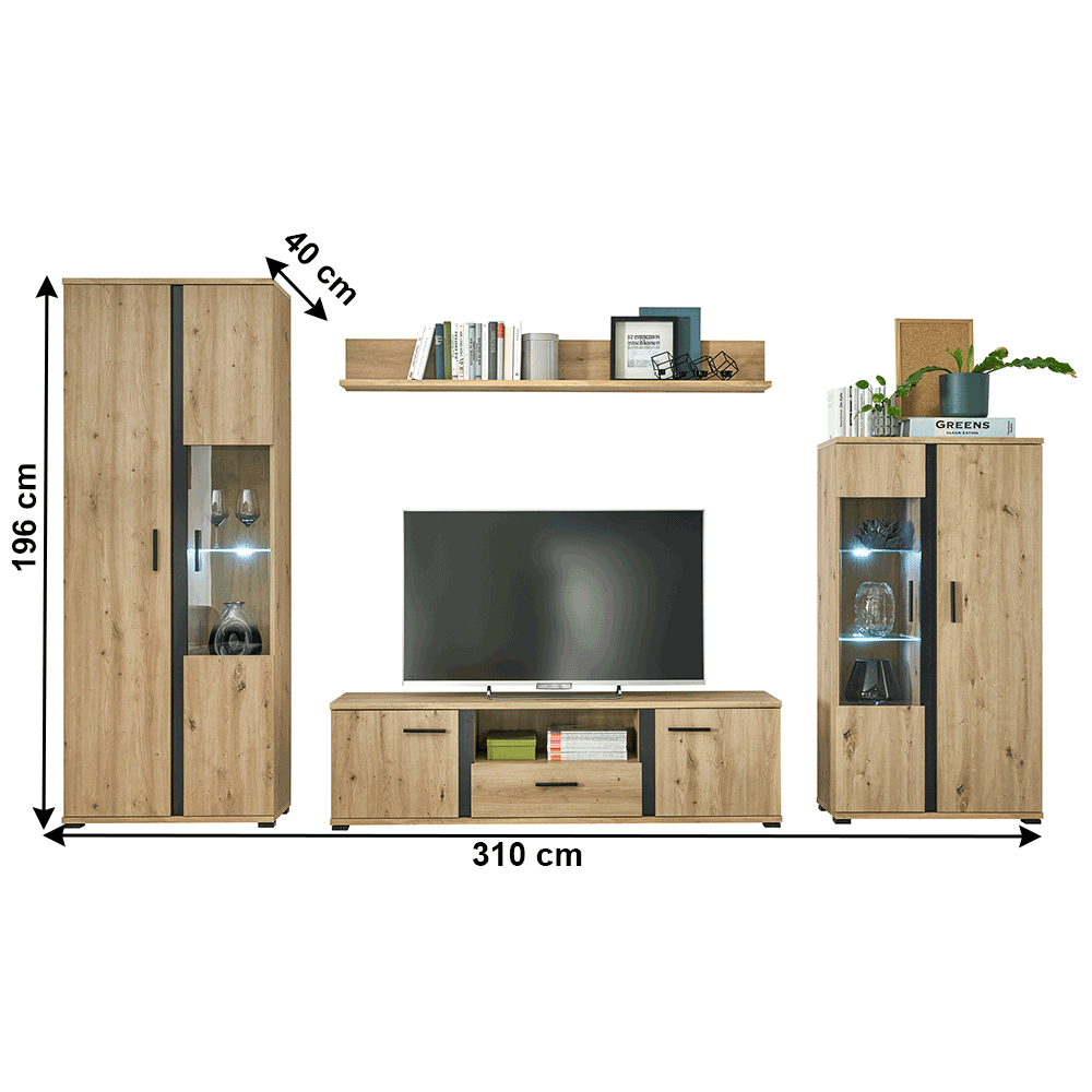 Perete living, stejar artizan / negru, KANODE