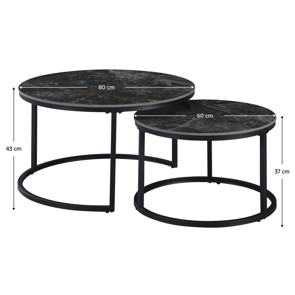 Măsuţe de cafea, set de 2, marmură negru/oţel negru, LASTRO
