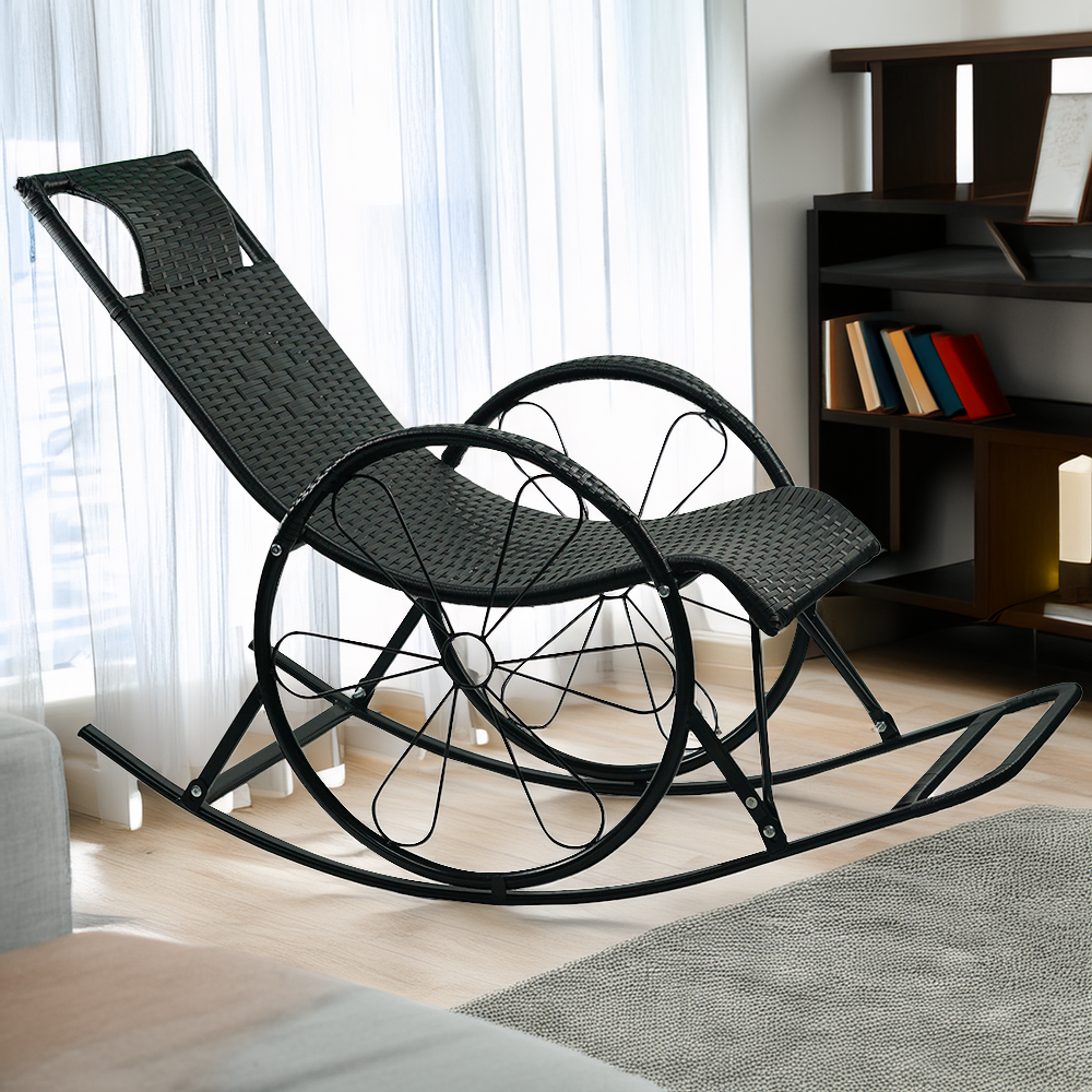 Scaun balansoar, ratan/metal, negru, ROKIN