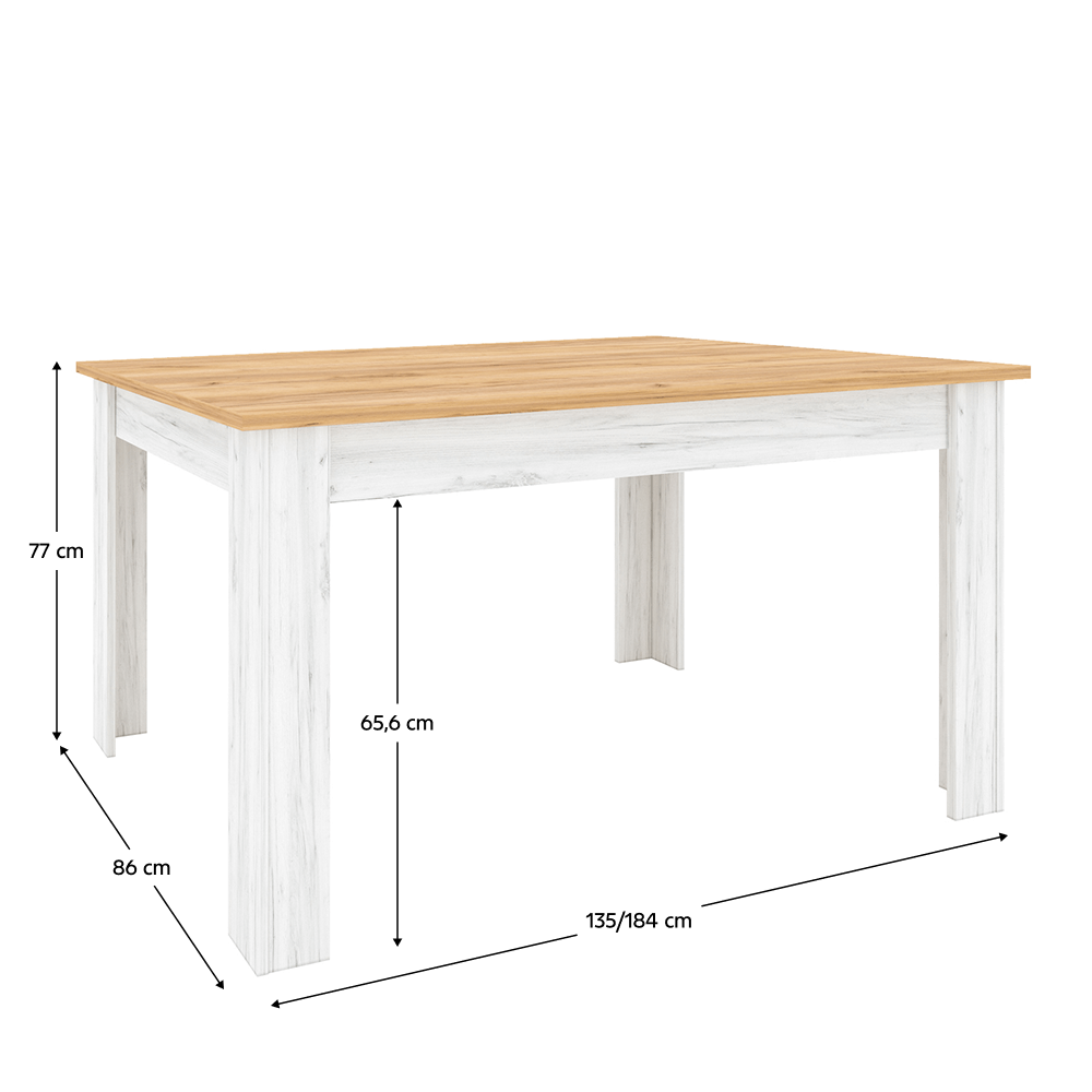 Masă dining extensibilă, stejar craft auriu / stejar craft alb, 135-184x86 cm, SUDBURY