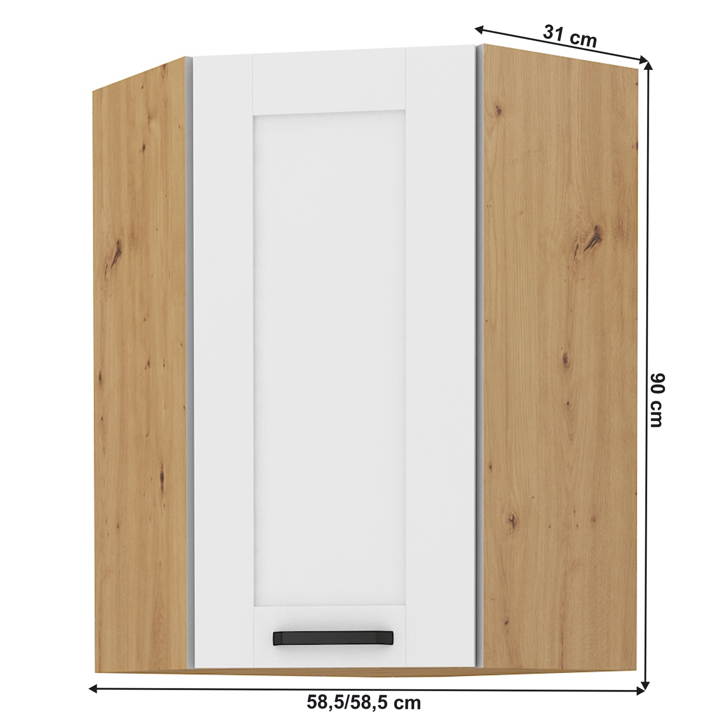 Dulap superior, de colţ, alb/stejar artizan, LULA 58x58 GN-90 1F