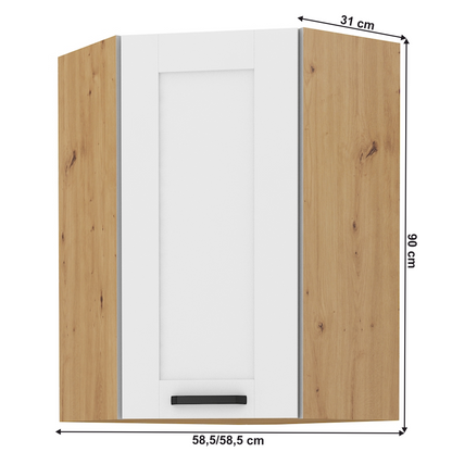 Dulap superior, de colţ, alb/stejar artizan, LULA 58x58 GN-90 1F