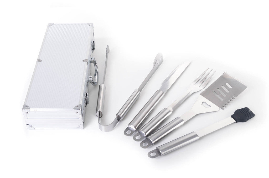 Set de scule pentru grătar G21, 5 bucăți, cutie de aluminiu
