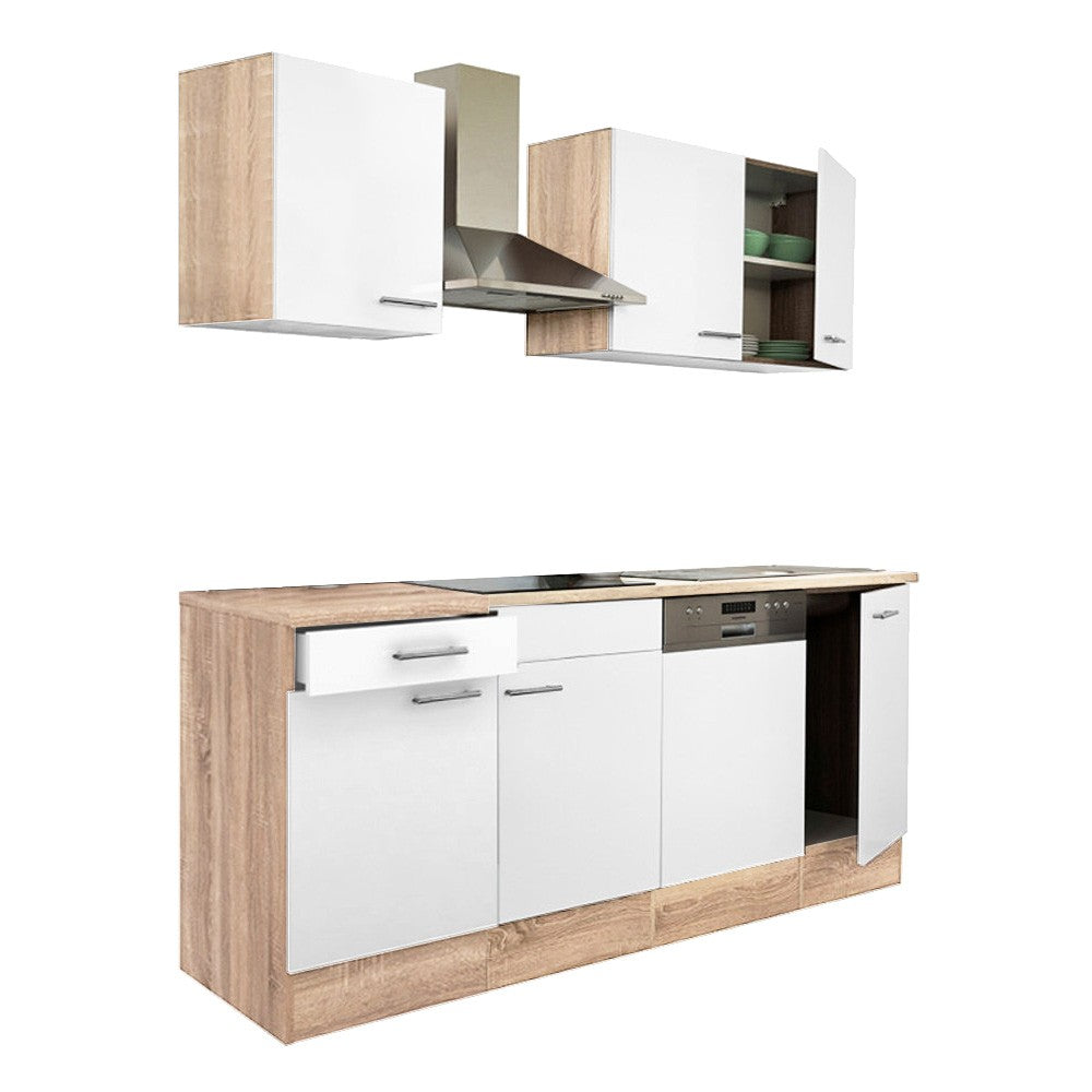 Mobilă de bucătărie Yorki 220, corp din stejar Sonoma, cu față alb satinat