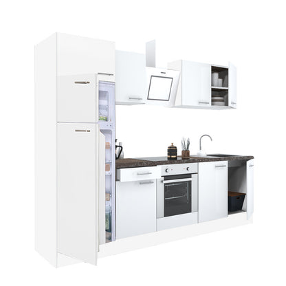 Mobilă de bucătărie Yorki 270, corp alb, față alb satinat, element cuptor inferior, frigider congelator superior