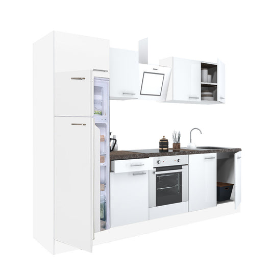 Mobilă de bucătărie Yorki 270, corp alb, față alb satinat, element cuptor inferior, frigider congelator superior