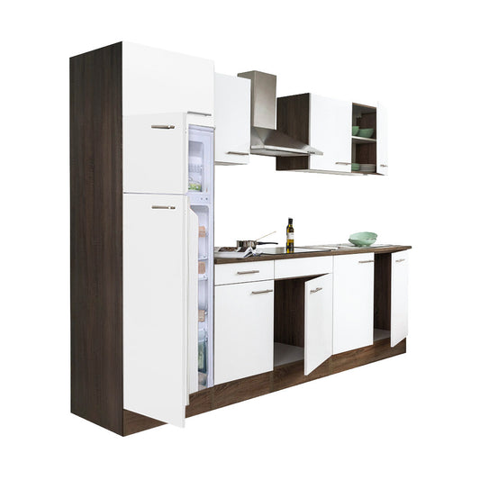 Mobilier de bucătărie Yorki 270, corp din stejar Yorki, față alb satinat, frigider cu congelator superior