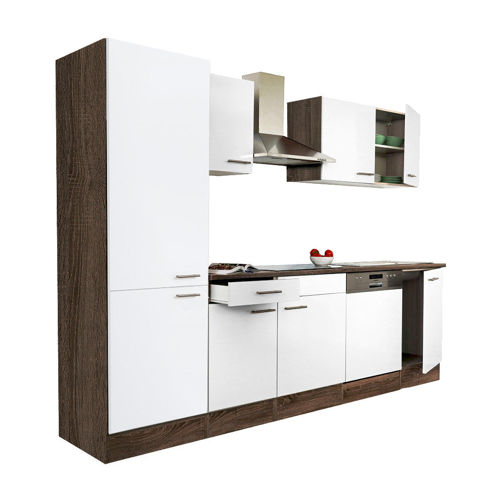 Mobilier de bucătărie Yorki 280, corp din stejar Yorki, față alb satinat, dulap cu raft