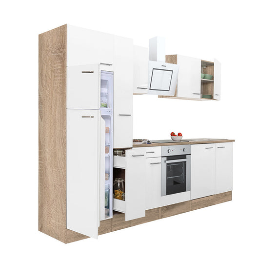 Mobilă de bucătărie Yorki 300, corp din stejar sonoma, față alb satinat, element cuptor inferior, frigider congelator superior