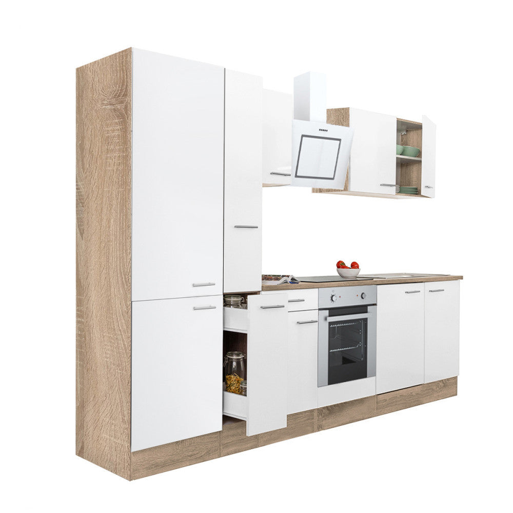 Mobilă de bucătărie Yorki 300, corp din stejar sonoma, față alb satinat, element inferior cuptor, dulap cu raft