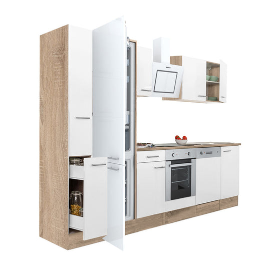 Mobilă de bucătărie Yorki 310, corp din stejar sonoma, față alb satinat, element cuptor inferior, frigider congelator inferior