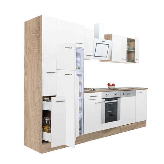 Mobilă de bucătărie Yorki 310, corp din stejar sonoma, față alb satinat, element cuptor inferior, frigider congelator superior