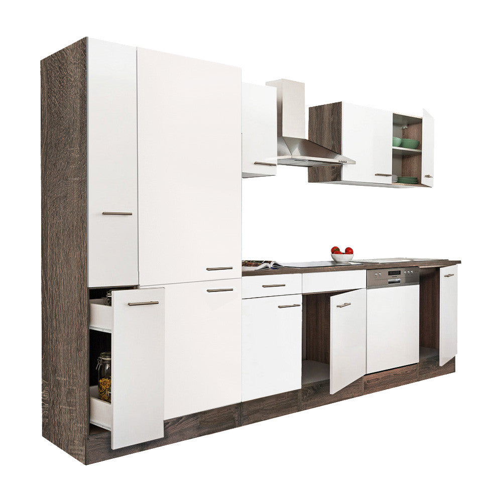Mobilier de bucătărie Yorki 310, corp din stejar Yorki, față alb satinat, dulap cu raft