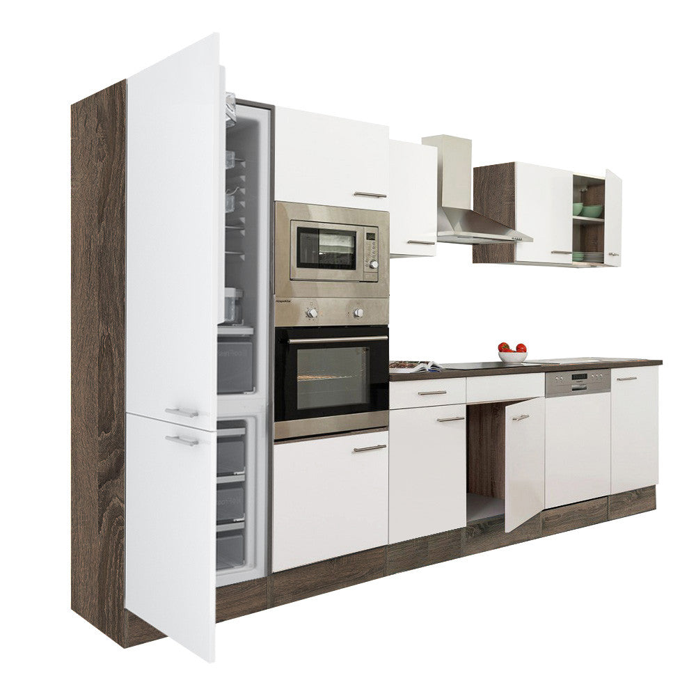 Mobilă de bucătărie Yorki 340, corp din stejar Yorki, față alb satinat, frigider cu congelator în partea de jos