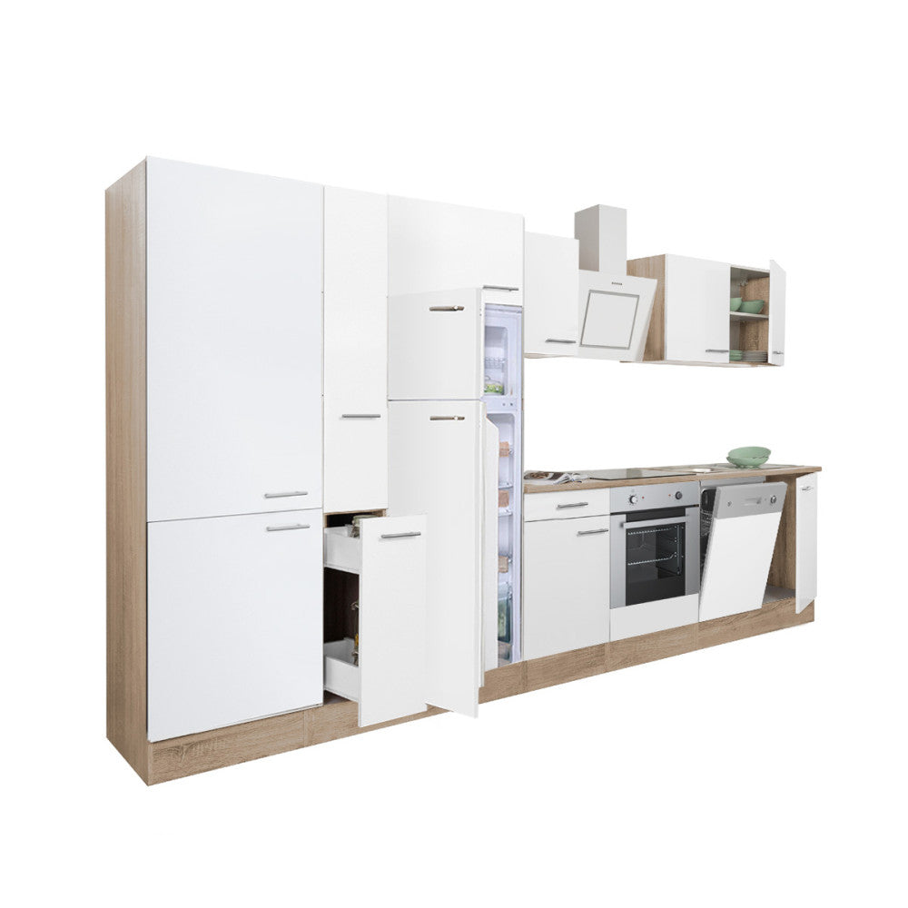 Mobilă de bucătărie Yorki 370, corp din stejar sonoma, față alb satinat cu element cuptor inferior, dulap cu rafturi și frigider cu congelator superior.