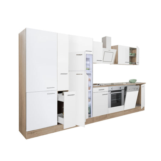 Mobilă de bucătărie Yorki 370, corp din stejar sonoma, față alb satinat cu element cuptor inferior, dulap cu rafturi și frigider cu congelator superior.