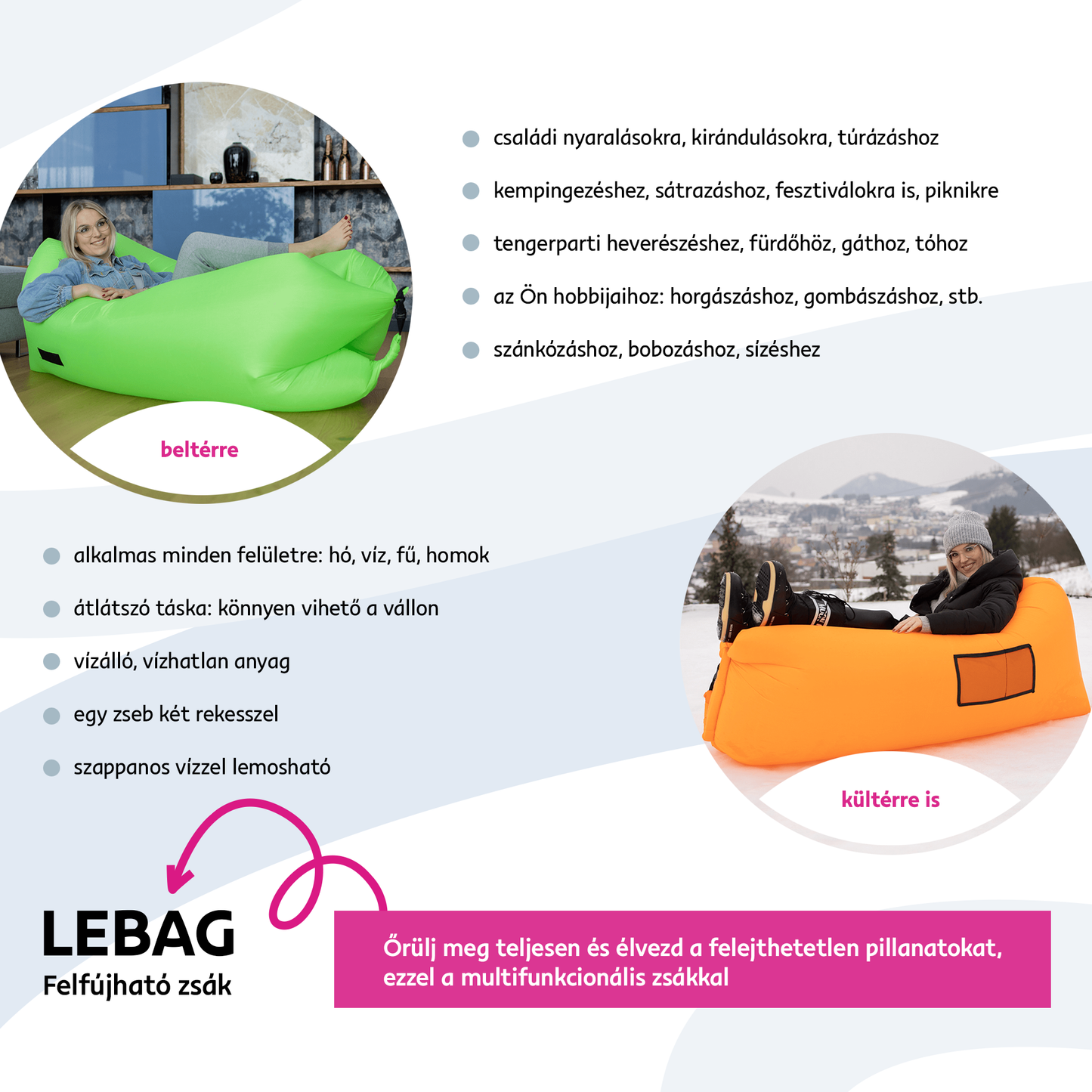 Geantă scaun gonflabilă / geanta leneşă, roz, LEBAG