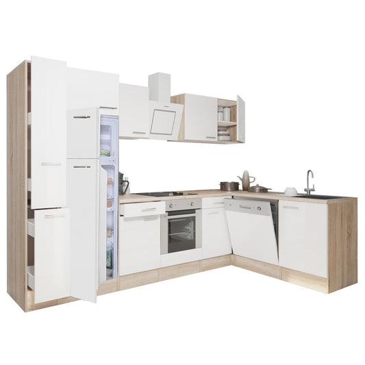 Mobilă de bucătărie de colț Yorki 310, corp din stejar Sonoma, față alb satinat, element cuptor inferior, frigider congelator superior