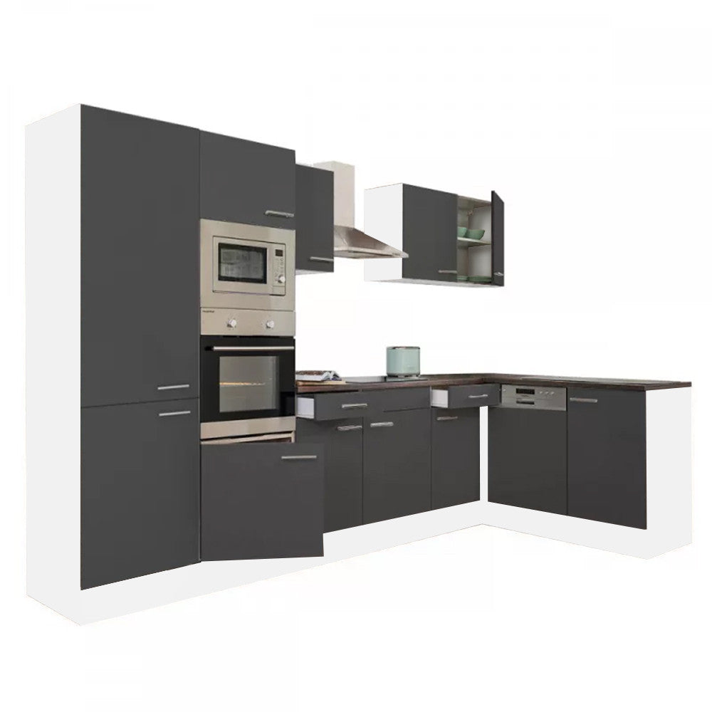 Mobilă de bucătărie de colț Yorki 340, corp alb, față antracit satinat, cu dulap cu raft