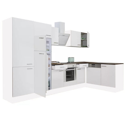 Dulap de bucătărie de colț Yorki 340, corp alb, față alb satinat, element cuptor inferior, dulap cu raft, frigider congelator superior
