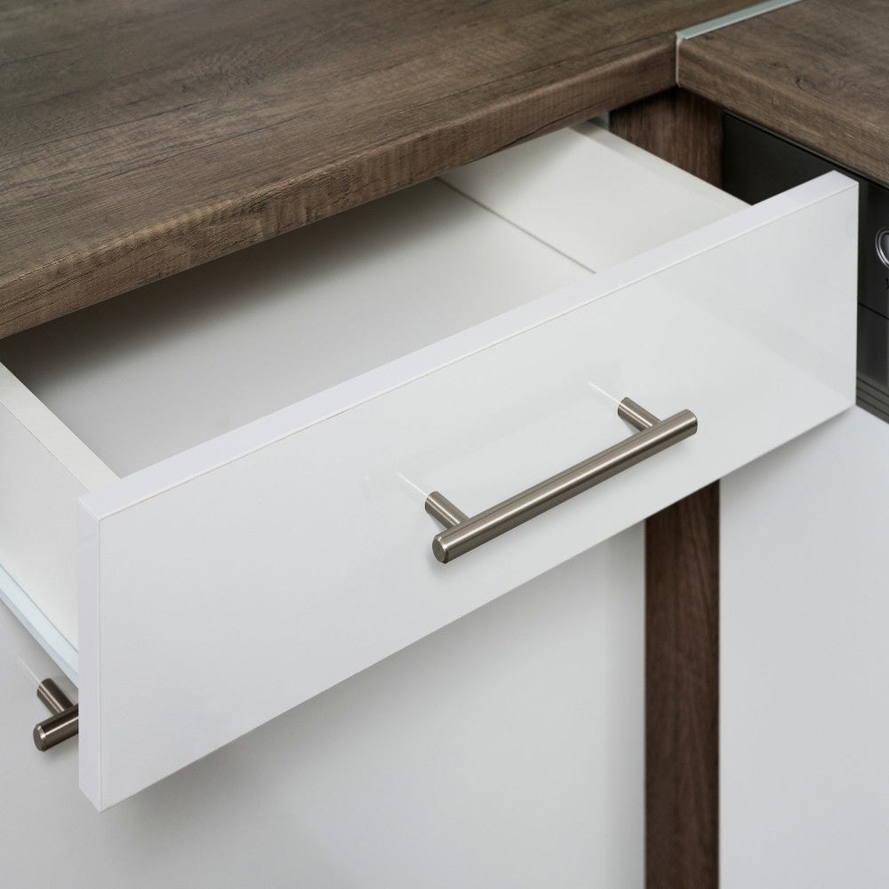 Mobilă de bucătărie de colț Yorki 340, corp din stejar Yorki, cu față alb satinat