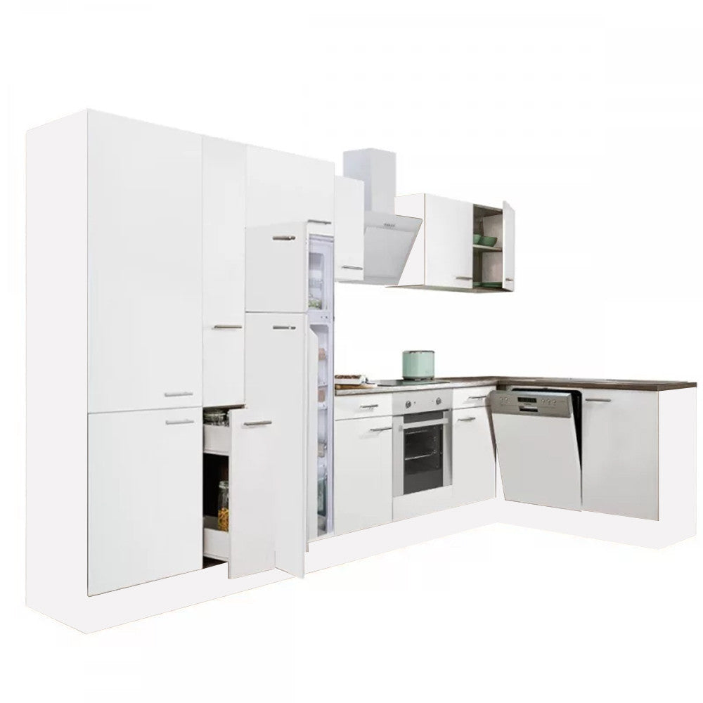 Dulap de bucătărie de colț Yorki 370, corp alb, față alb satinat, element cuptor inferior, dulap cu raft, frigider congelator superior