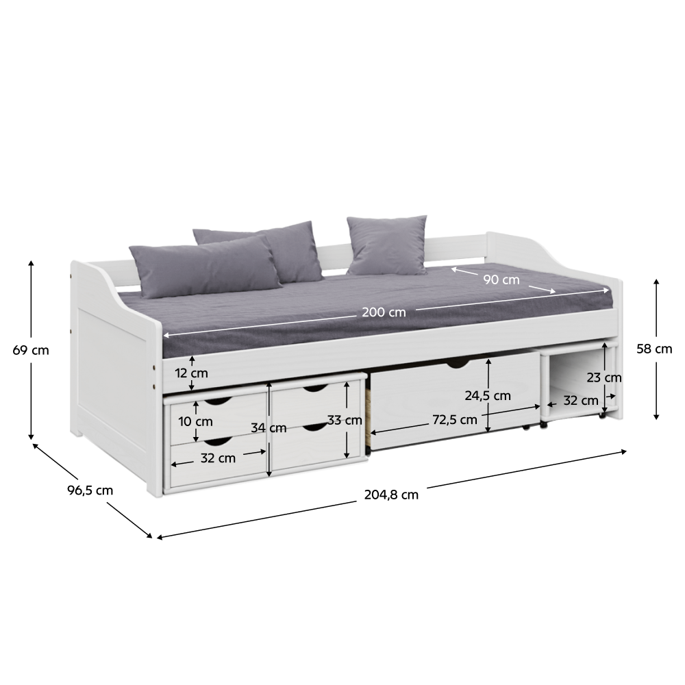 Pat cu spaţiu de depozitare, alb, lemn masiv, 90x200, MAXI NEW
