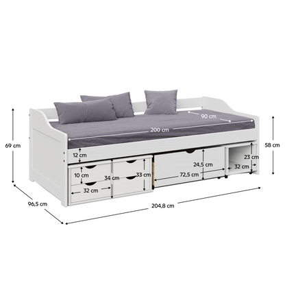 Pat cu spaţiu de depozitare, alb, lemn masiv, 90x200, MAXI NEW