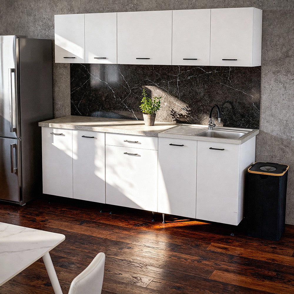 Mobilă de bucătărie Primo 220 albă, cu blat de lucru chromix