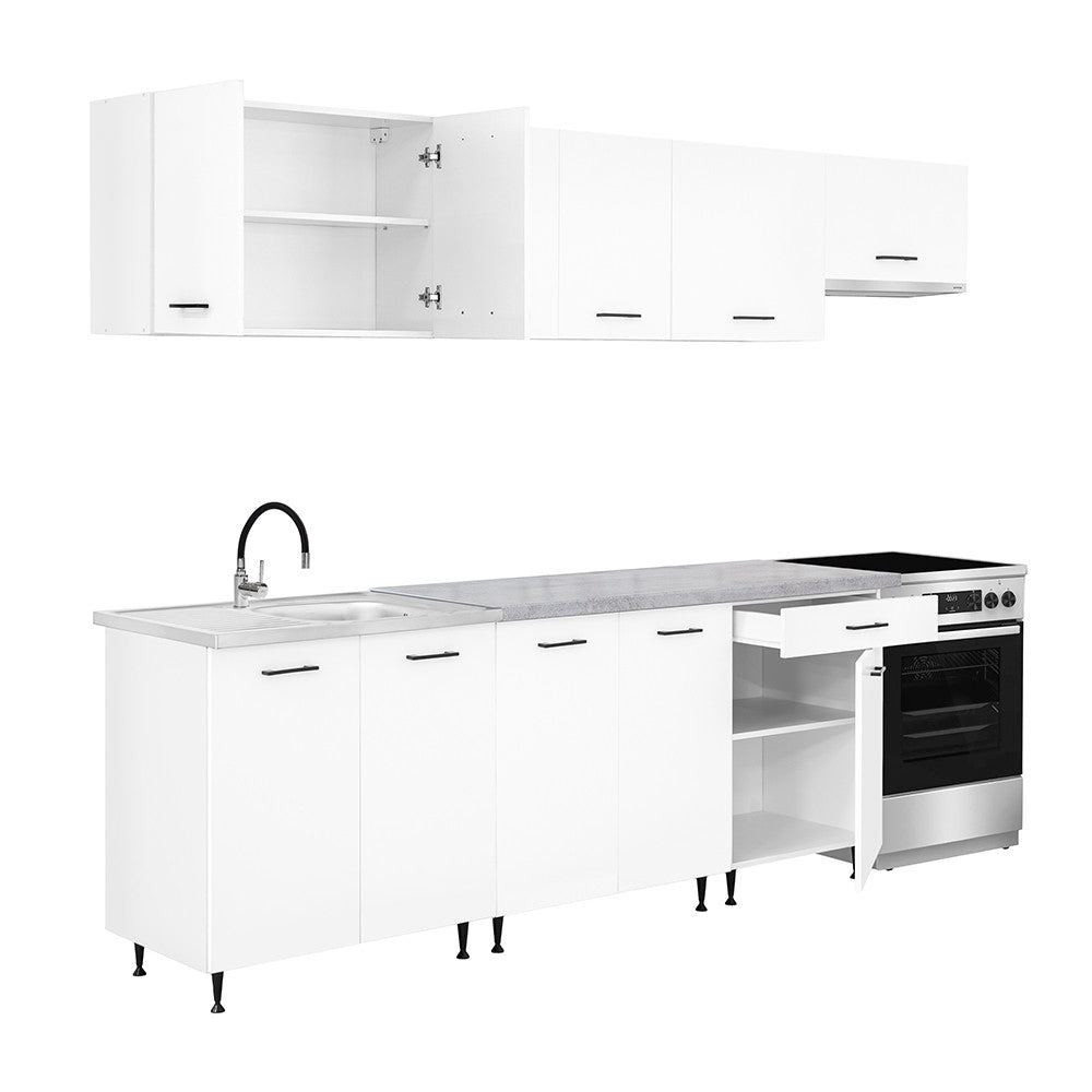 Mobilă de bucătărie Primo 280 albă, cu blat de lucru chromix