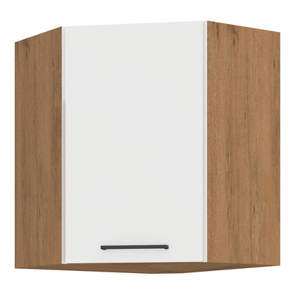 Cabinet superior de colţ, alb extra lucios HG/stejar Lancelot, VEGA 58x58 GN-72 1F