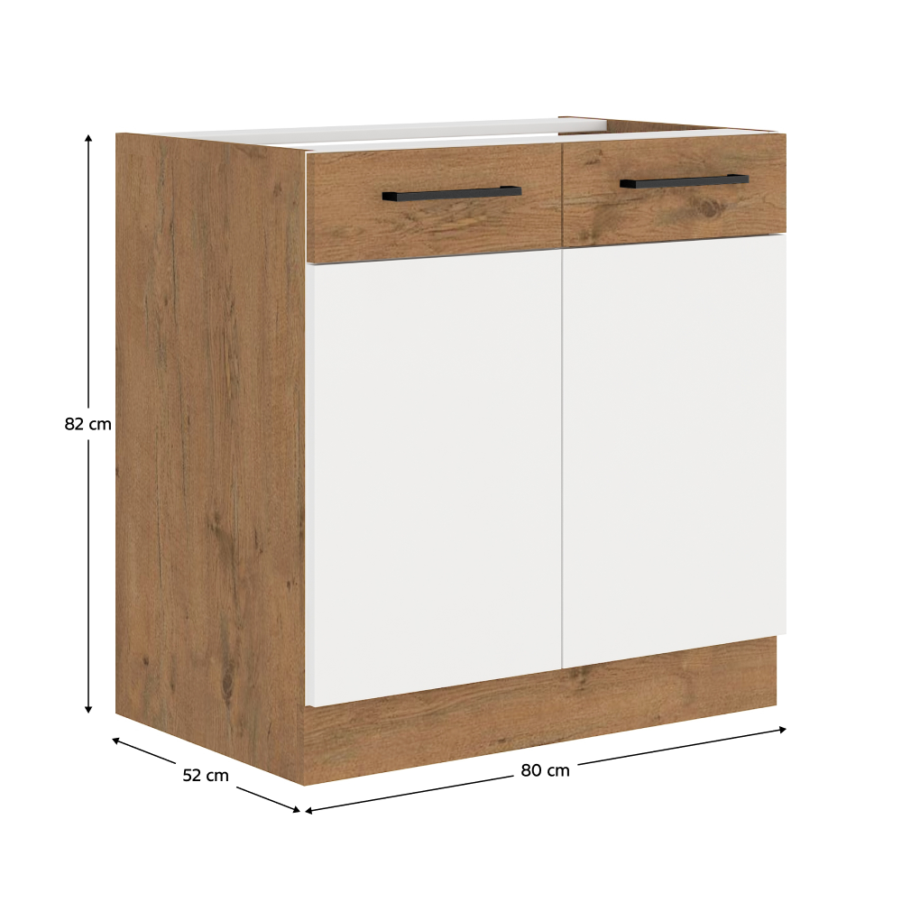 Cabinet inferior, alb extra lucios HG/stejar Lancelot, VEGA 80 D 2F BB