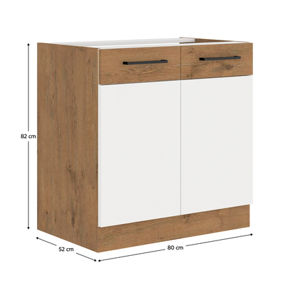 Cabinet inferior, alb extra lucios HG/stejar Lancelot, VEGA 80 D 2F BB