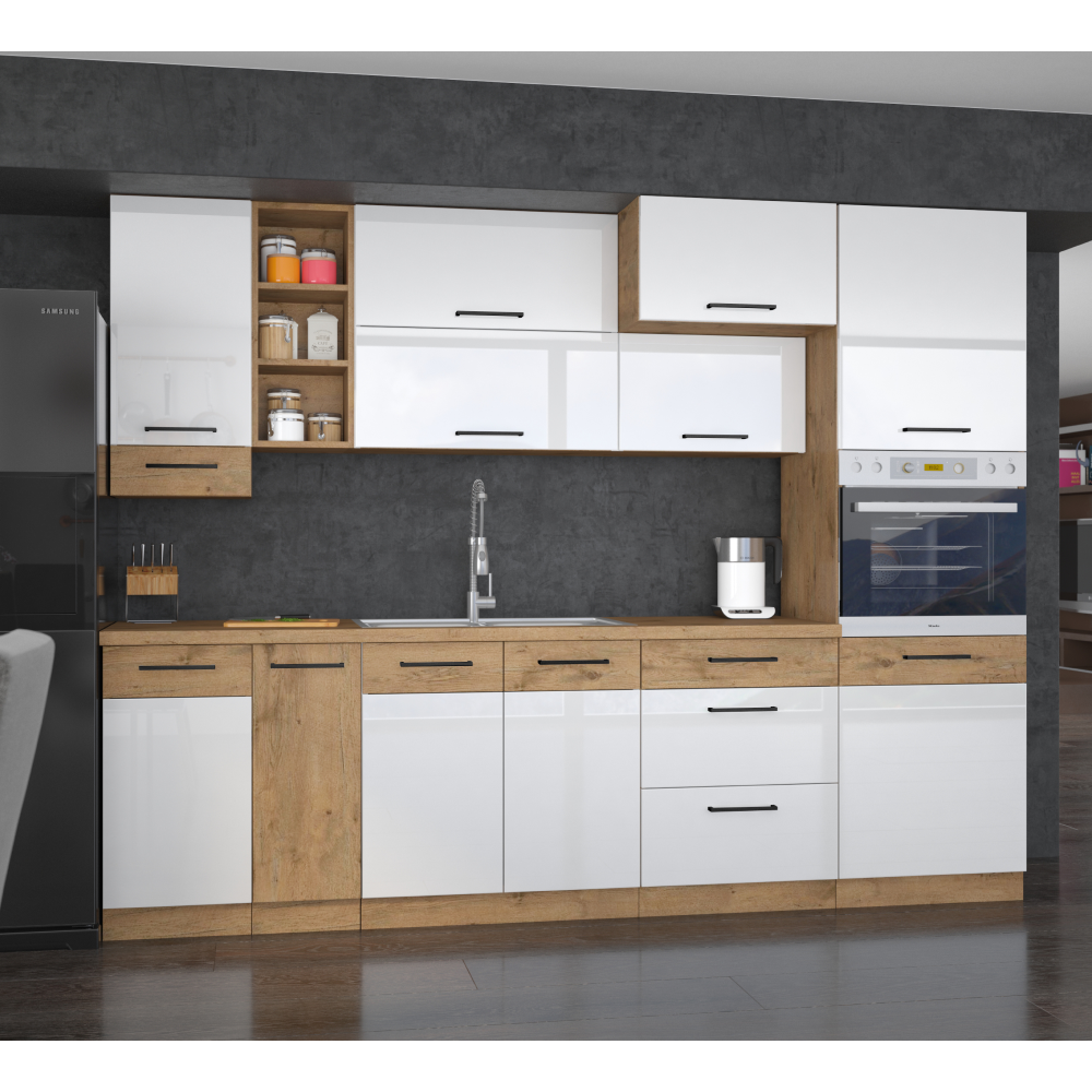 Cabinet inferior, alb extra lucios HG/stejar Lancelot, VEGA D40 3S BB