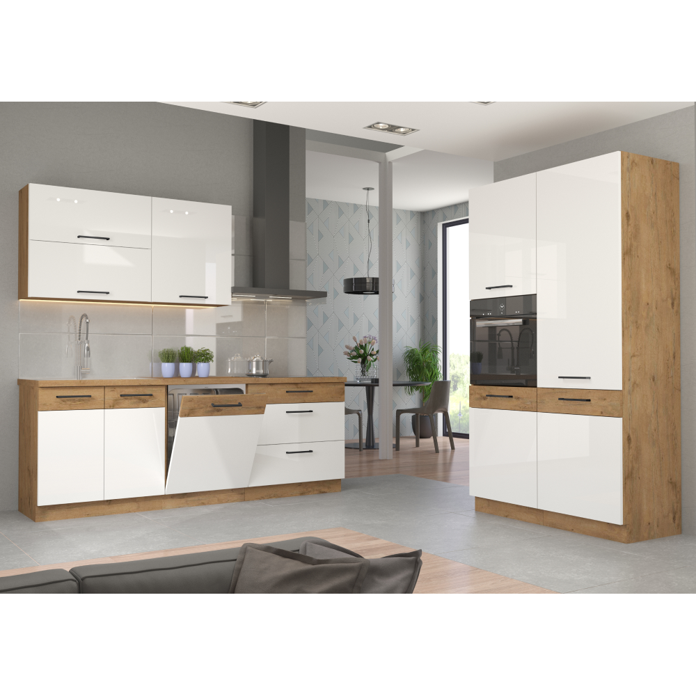 Cabinet inferior, alb extra lucios HG/stejar Lancelot, VEGA D40 1F BB
