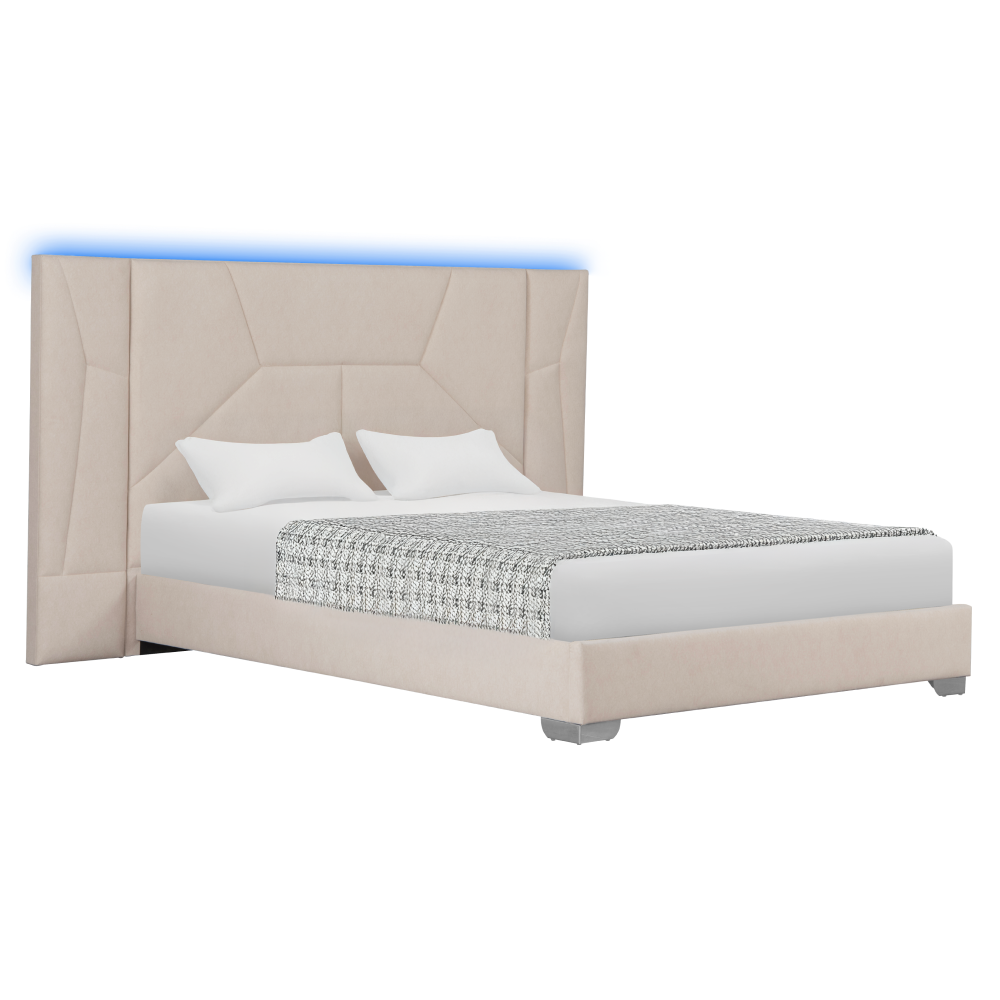 Pat cu somieră şi iluminare LED, 160x200, ţesătură Velvet bej, ALTESA