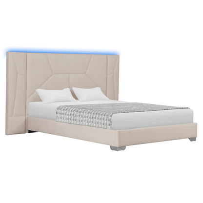 Pat cu somieră şi iluminare LED, 160x200, ţesătură Velvet bej, ALTESA