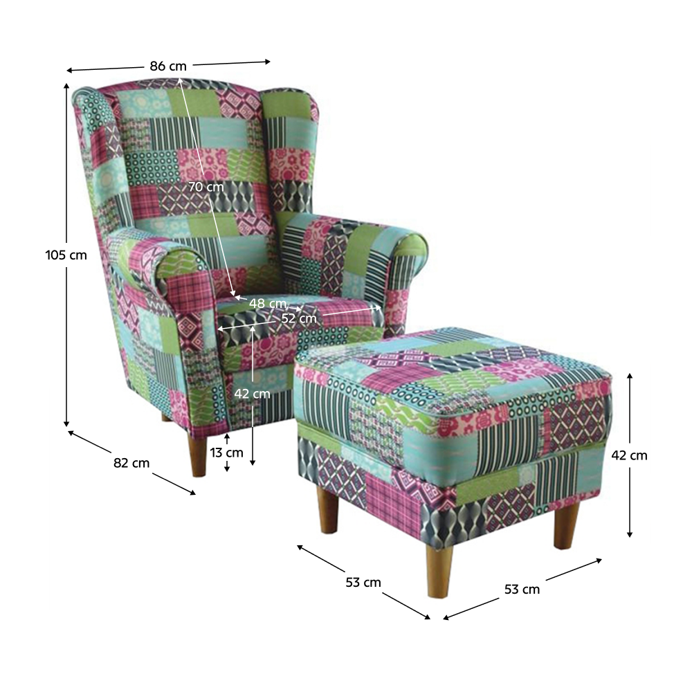 Fotoliu cu taburet, material textil în stilul patchwork M1, ASTRID