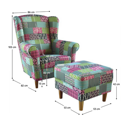 Fotoliu cu taburet, material textil în stilul patchwork M1, ASTRID