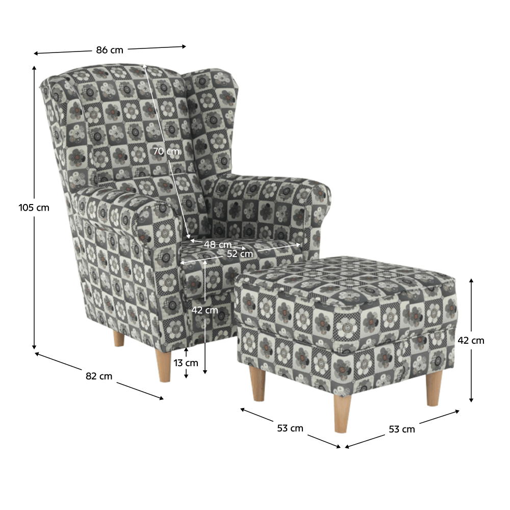 Fotoliu cu taburet, material textil în stilul patchwork N1, ASTRID