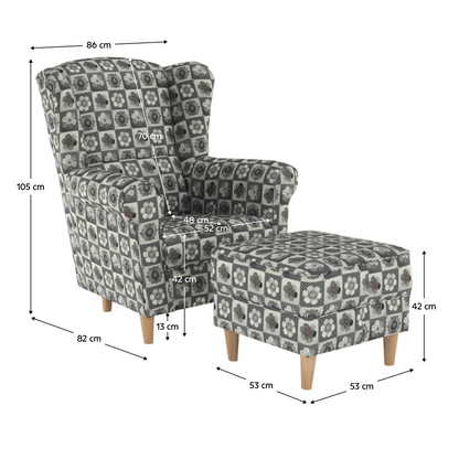 Fotoliu cu taburet, material textil în stilul patchwork N1, ASTRID