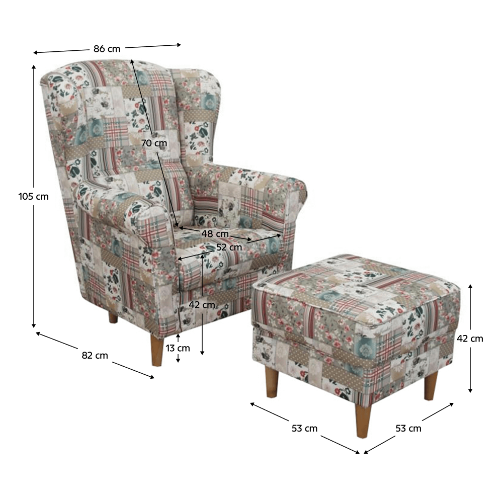 Fotoliu cu taburet, material textil în stilul patchwork Viorica 1, ASTRID