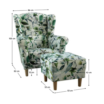 Fotoliu cu taburet, material textil model frunze verzi, ASTRID