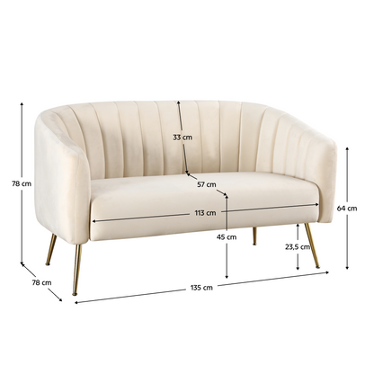 Canapea de design cu 2 locuri, ţesătură Velvet bej/gold crom-auriu, BAGY
