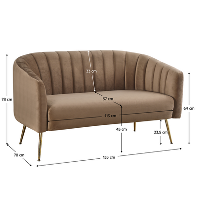 Canapea de design cu 2 locuri, ţesătură Velvet maro/gold crom-auriu, BAGY